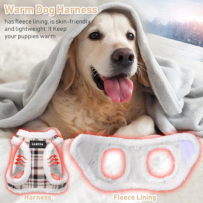 GAMUDA Small Dog Harness Collar and Leash Set, Step in No Chock No Pull Soft Mesh Adjustable Dog Vest Harnesses Plaid Reflective for Dogs Puppy Cats Kitten Rabbit (Warm Beige, XL)