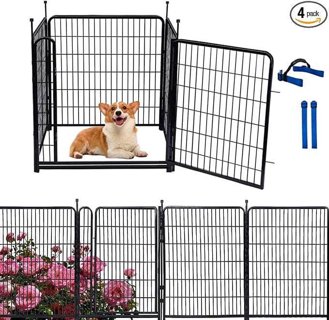 32 in(H) Garden Fence, 4 Panels Total 8.9 Ft(L), 21 in Wide Low Threshold Gate, Temporary Fence for Dogs Outdoor, Fencing for Garden Beds, Heavy Duty Metal Dog Fences, Animal Barrier Fences
