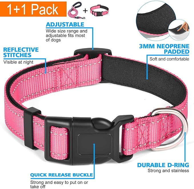 Reflective Dog Collar Padded with Soft Neoprene Breathable Adjustable Nylon Dog Collars for Small Medium Large Dogs (Large (Pack of 1), Pink Collar+Leash)