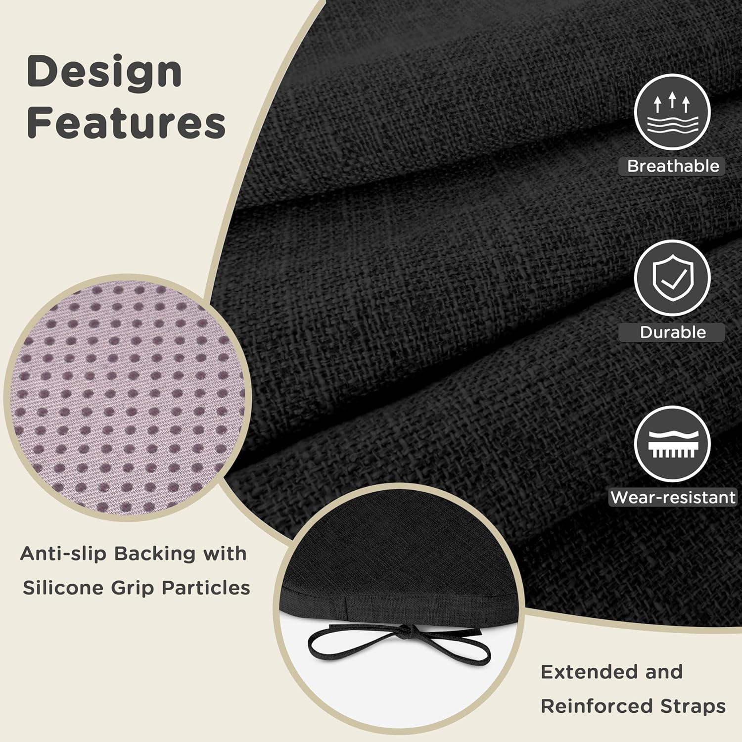 AddGrace Chair Cushions for Dining Chairs Set of 6 Windsor Kitchen Chair Cushions with Removable Textured Cover and Non Slip Bottom Indoor Chair Pads with Ties and Foam (16.5x15.5 Inches Black)