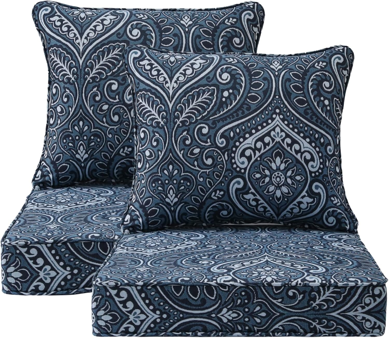 Outdoor Patio Chair Cushions Set, 24" x 24", Set of 2, Water-Repellent, Fade Resistant, Deep Seat Bottom and Back Cushion for Backyard, Couch, Sofa and Patio Furniture, Damask Blue Flower