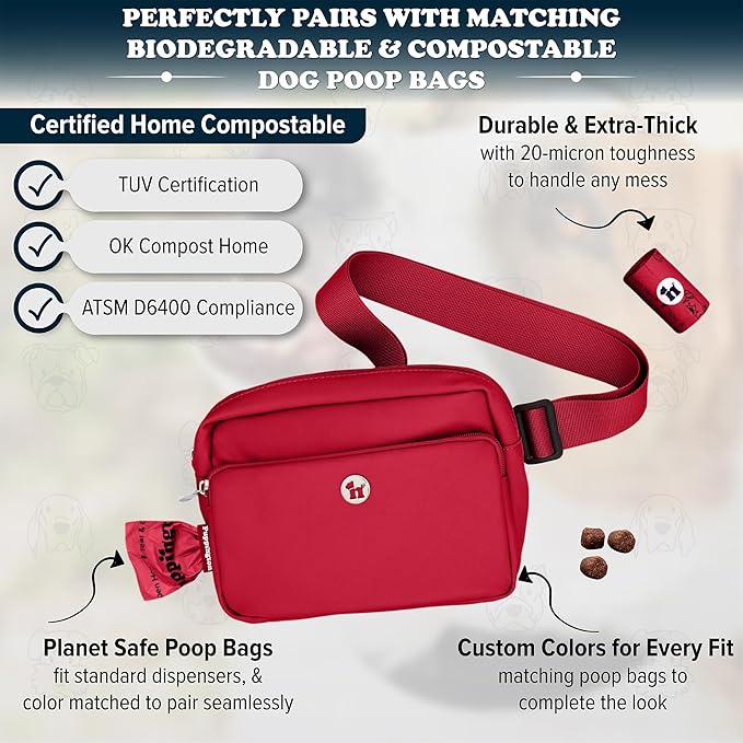 Puppington 3-in-1 Crossbody Dog Walking Bag & Treat Pouch with Matching Planet Safe Poop Bags & Built-In Dispenser - Dog Mom Gift for Puppy Training with Zippered Pockets (Ruby Red)