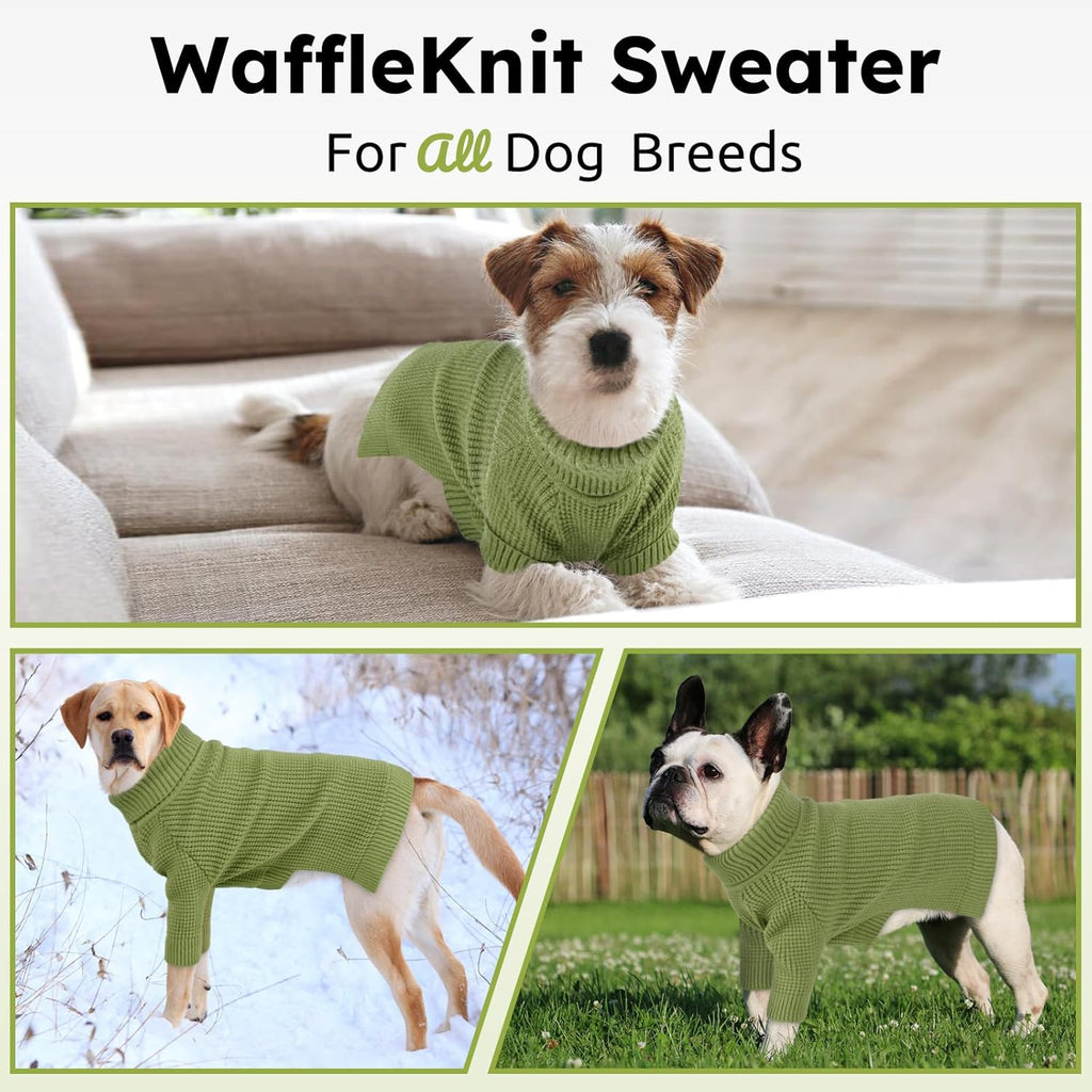 Queenmore Large Dog Sweater, Turtleneck Dog Sweater with Check Pattern, Fall Winter Warm Dogs Sweater for Large Breeds, Solid Pull-on Pet Sweater for Cats, Green XXL