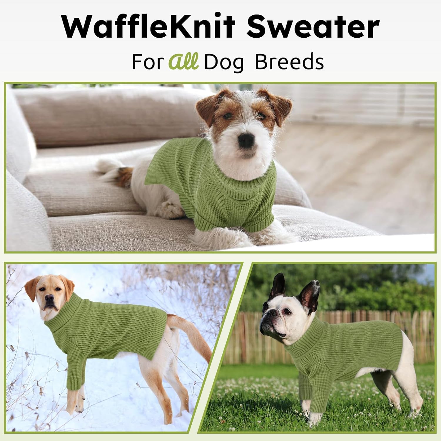 Queenmore Large Dog Sweater, Turtleneck Dog Sweater with Check Pattern, Fall Winter Warm Dogs Sweater for Large Breeds, Solid Pull-on Pet Sweater for Cats, Green XXL