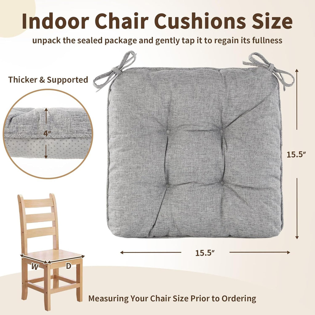 Chair Cushions for Dining Chairs, Tufted Foam Kitchen Chair, Non-Slip Seat Cushions with Ties Set of 4, 15.5" x 15.5" x 4", Grey