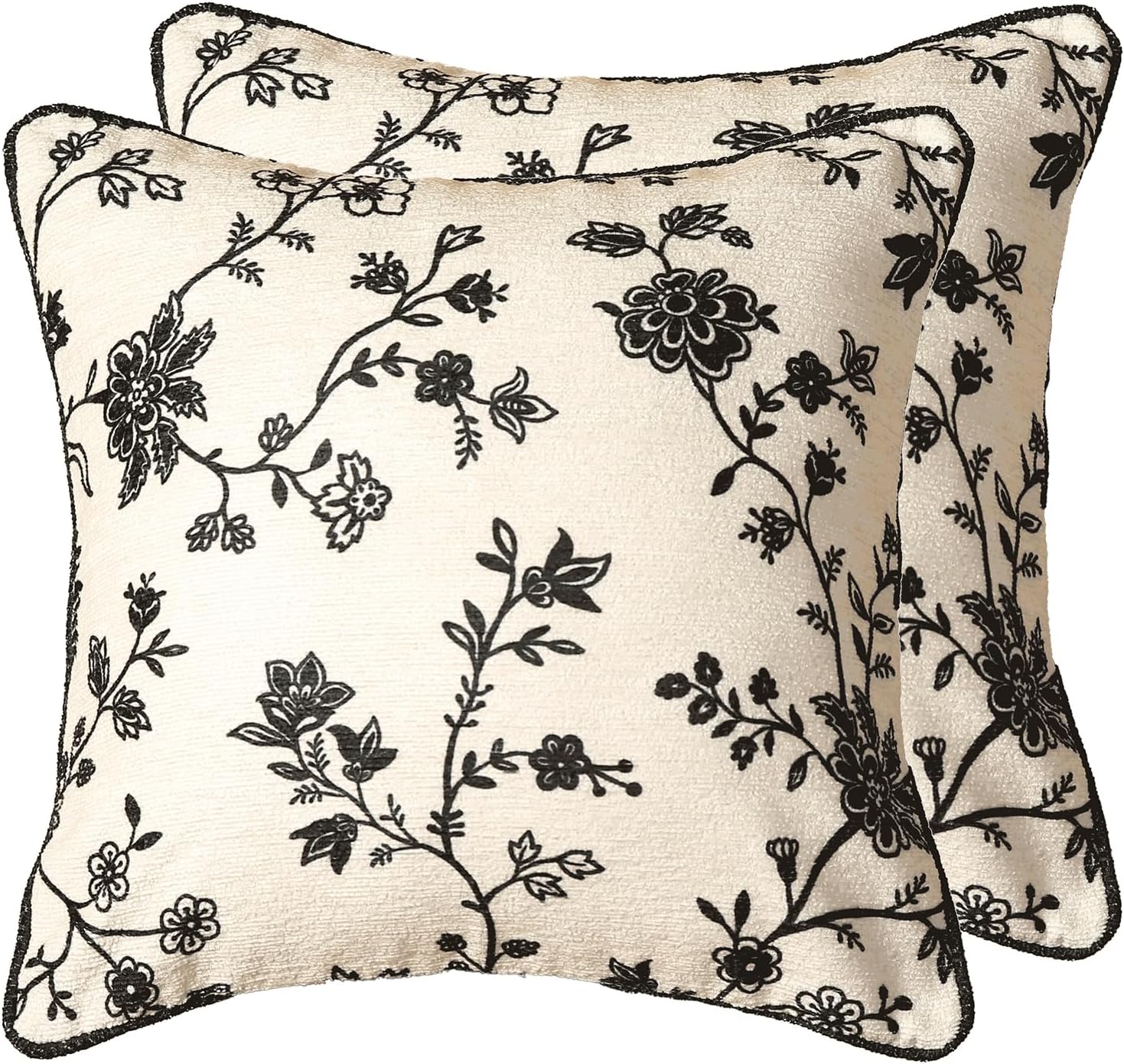 Throw Pillow Covers Set of 2,Classic Black and White Floral Elegant French Linen Pillowcases,Decorative Square Pillow Covers Cushion Covers for Couch Bed Sofa Chair 18x18 Inches