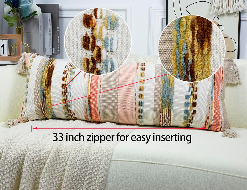 PANOD Boho Long Lumbar Throw Pillow Cover 14 x 36 Orange, Chenille Morocan Extra Long Pillow Case Cover, Decorative Long Pillow for Bed Couch Sofa Farmhouse