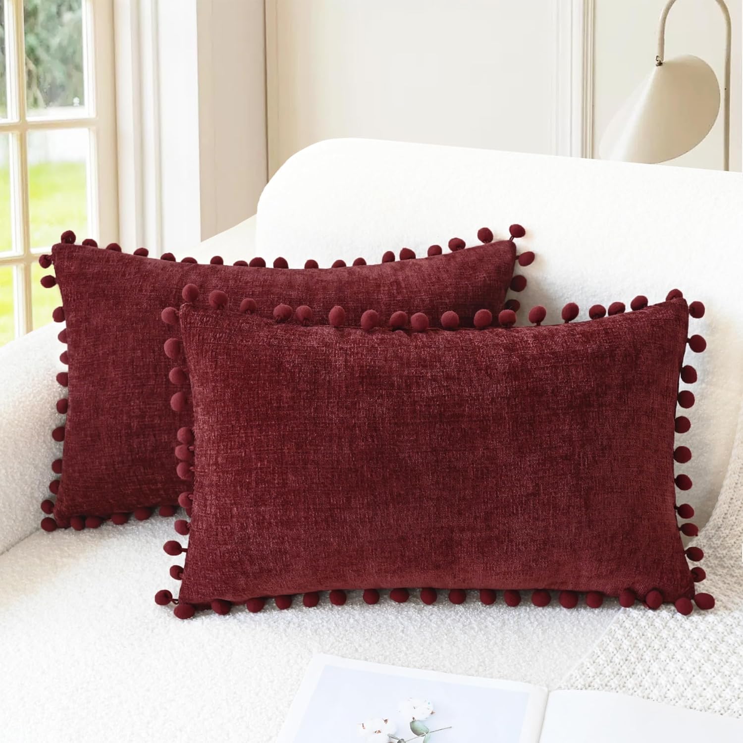 CaliTime Christmas Throw Pillow Covers Decorative 20 X 12 Inches Pack of 2 Cozy Solid Dyed Soft Chenille Cushion Cases with Pom Poms for Couch Sofa Bed Living Room Home Burgundy