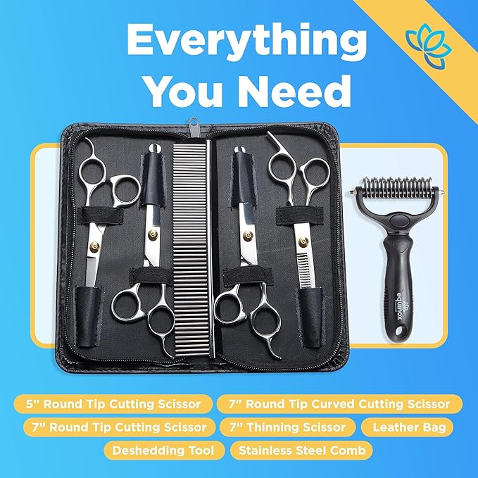 Equinox Dog Grooming Scissors & Deshedder - 7 in 1 Pet Grooming Scissors Set with undercoat brush - Curved Dog Scissors with safety tips - Includes Thinning & Rounded Shears - For dogs & cats
