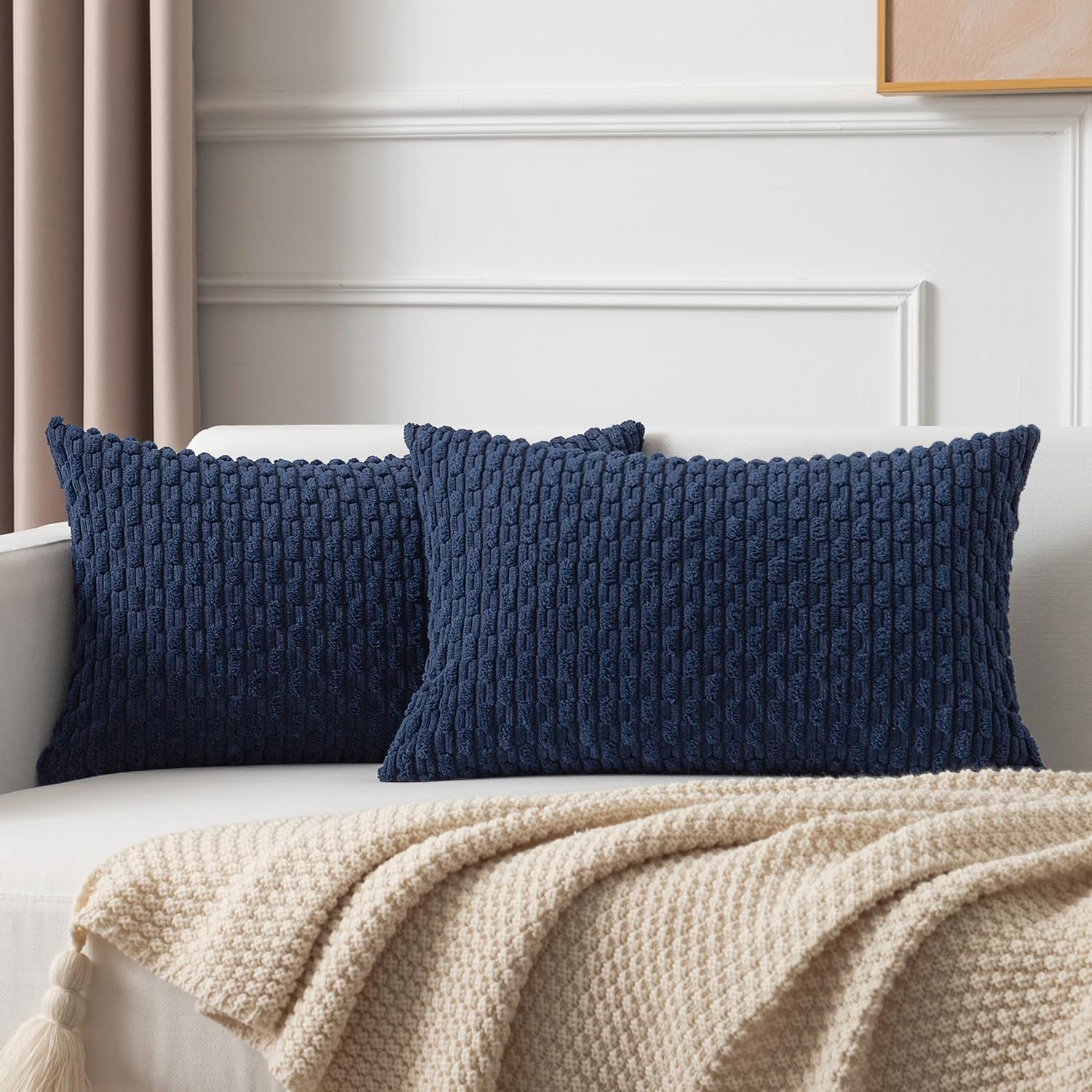 Kevin Textile 12x24 Inch Pillow Cover 1 Pack Boho Decorative Soft Striped Corduroy Lumbar Farmhouse Color Accent Rectangle Cushion Case for Living Room Couch Sofa Bed, Navy Blue