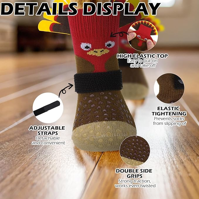 EXPAWLORER Thanksgiving Anti Slip Dog Socks to Prevent Licking Paws,Boots & Paw Protectors with Grippers,Doggie Booties for Hardwood Floors for Small Medium Large Senior Dogs Lifelike Costume Turkey M