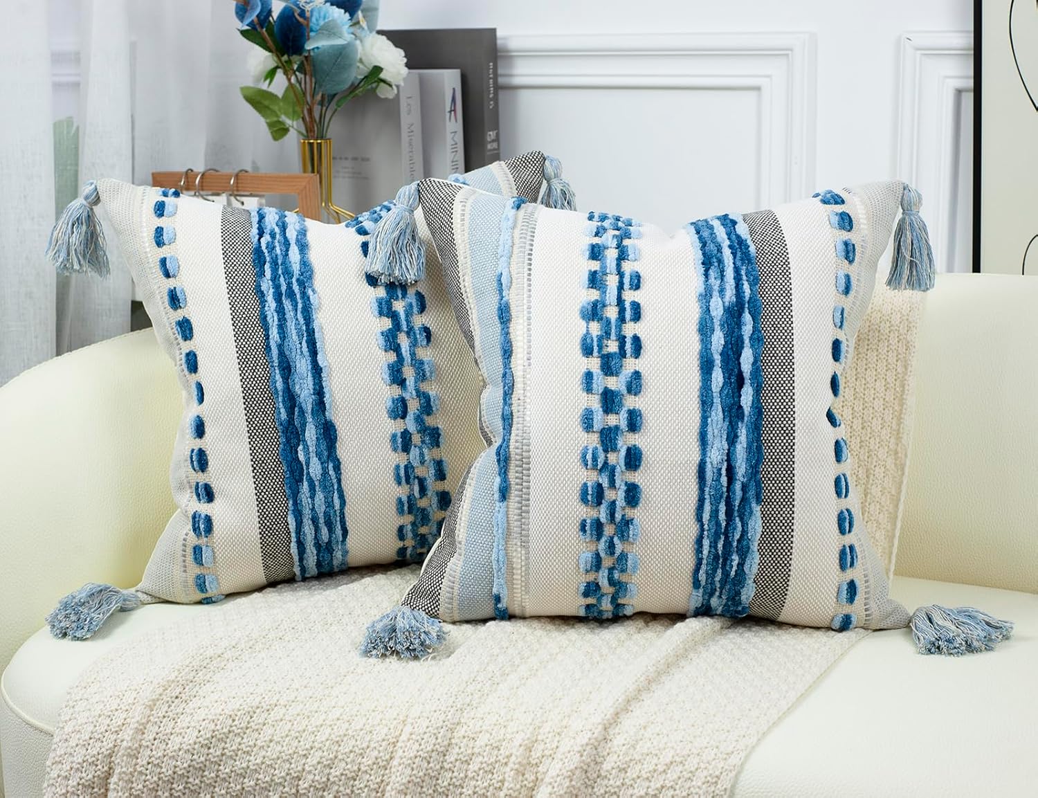 PANOD Chenille Farmhouse Throw Pillow Covers 16 x 16 Blue, Neutral Boucle Couch Pillow Cover, Striped Decorative Boho Coushion Cover Pillow Case for Couch Bed Sofa Bedroom,Modern Accent,Set of 2