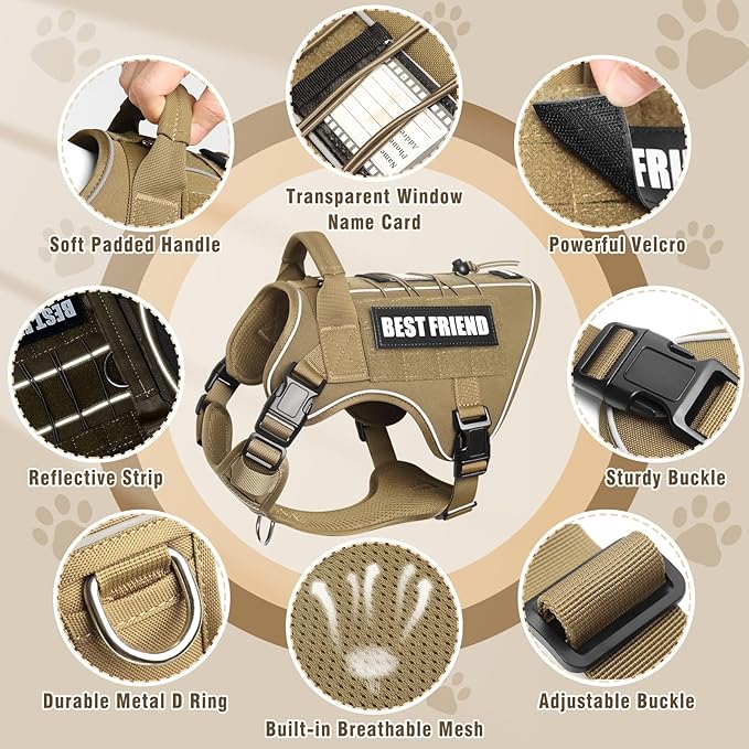 Tactical Dog Harness for Large Dogs,No Pull Military Dog Vest with Handle,Reflective Heavy Duty Pet Harness for K9 Working Walking Hiking Training Brown XL