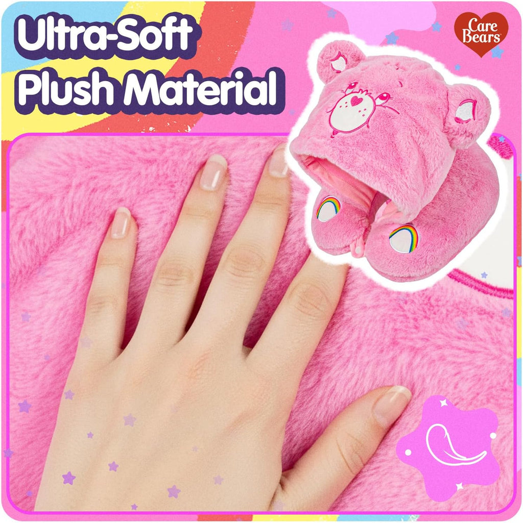 Care Bears - Cheer Bear Snuggle Hood, Travel Pillow with Hood, Soft Plush Neck Support, Lightweight, Comfortable and Breathable, Airplane, Care and Train Travel - Pink