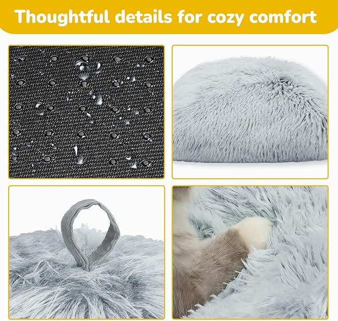 CATISM Cat Bed, Cat Cave for Indoor Cats, Soft Cat Dome, Self-Warming 2 in 1 Foldable Pet Cat House with Washable Cushioned Pillow Calming Fluffy Dog Beds for Small Dogs with Anti-Slip Bottom Gray