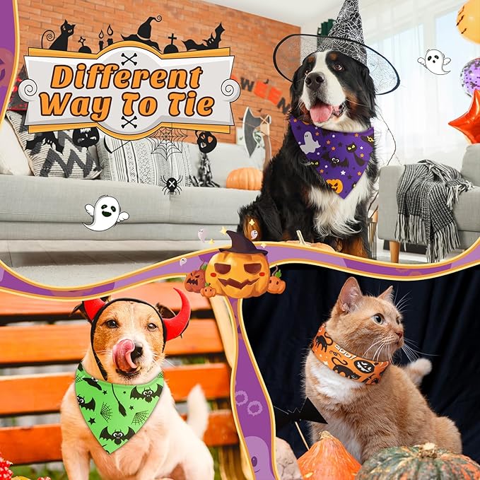 Preboun 200 Pcs Halloween Dog Bandanas Bulk Pumpkin Ghost Bandanas for Dogs Colorful Triangle Kerchief Bibs Scarf Set for Pet Costume Photo Props Accessories Pet Shops Adoption Events, 25 Styles