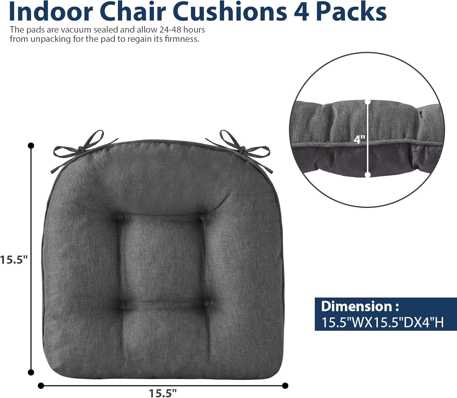 Chair Cushions for Dining Chairs, Seat Cushions for Kitchen Chairs, Indoor Seat Cushions with Ties, Tufted Foam Chair Pads, Non Slip Chair Cushions Set of 6, 15.5" x 15.5" x 4", Dark Grey