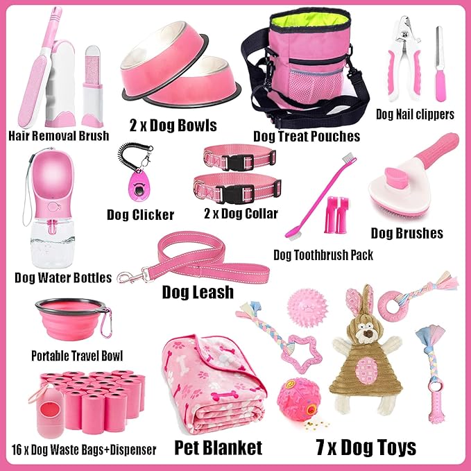 Puppy Supplies Starter Kit - 39-Piece Set of Puppy Essentials and Dog Stuff.Includes Dog Leash, Toys, Bowl, Brushes,and More.Perfect Welcome Home Present for Your New Puppies-Pink