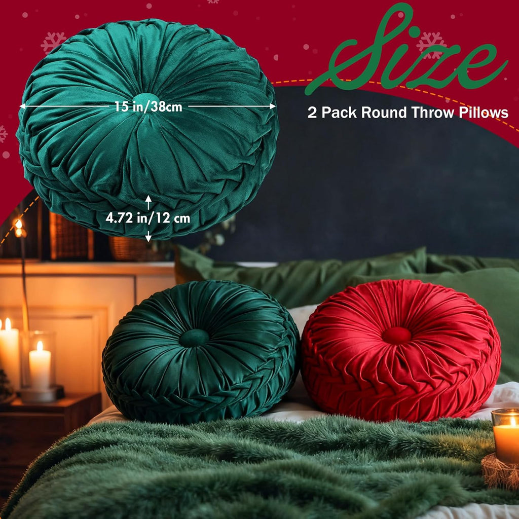 2 Pcs Round Throw Pillows 15 Inch Decorative Velvet Pleated Pumpkin Floor Boho Pillows for Living Room Couch Chair Bed Sofa (Red and Green)