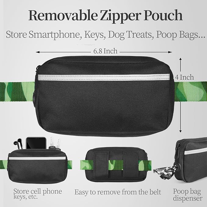 iYoShop Hands Free Dog Leash with Zipper Pouch, Dual Padded Handles and Durable Bungee for Walking, Jogging and Running Your Dog (camo Green, Large)