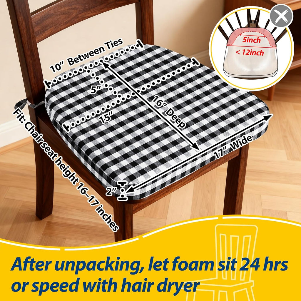 AAAAAcessories D-Shaped Chair Cushions, 2" Thick Dining Chair Pads with Ties and Removable, Machine-Washable Cover, 17" x 16", Set of 6, Checkered Black/White