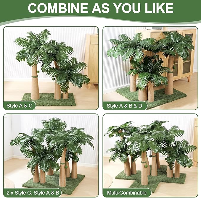 40'' Tall Cat Scratching Post Cat Tree, Curved Design Cat Scratcher Post with 3 Interactive Balls, Natural Sisal Rope Cat Scratching Posts for Indoor Cats Adults Kittens, Multi-Combinable (Style A)