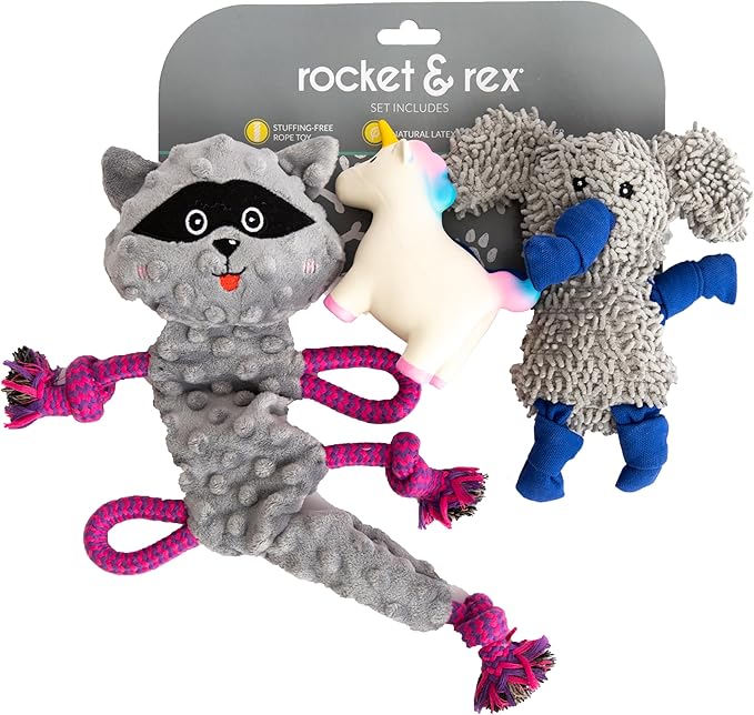 rocket & rex Dog Chew Toy Set for Small to Medium Breeds, Includes a Stuffing Free Rope, Rubber Squeaker and Plush Toy, Reduces Destructive Chewing & Anxiety (Pack of 3)