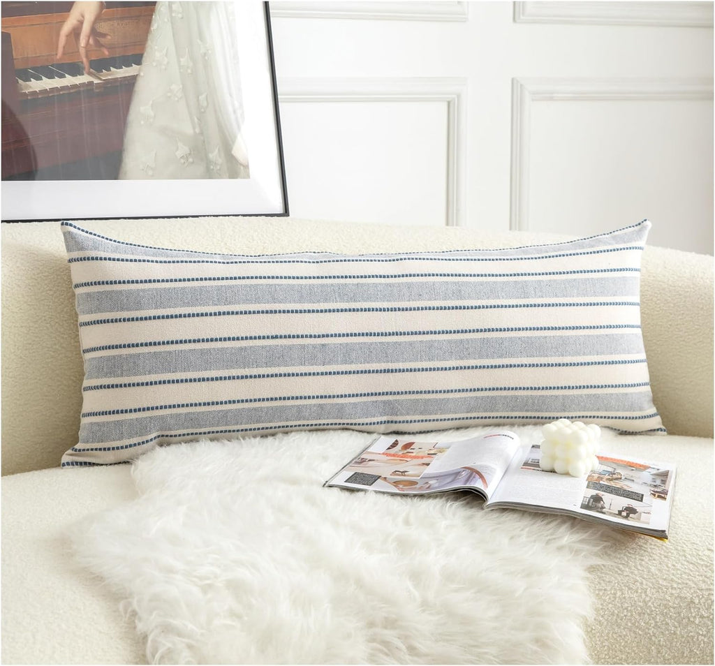 Decorative Boho Lumbar Pillow Covers, Modern Farmhouse Couch Pillowcase, 14 x 36 Long Accent Body Throw Pillow Covers, Sofa Bed Living Room Decor Cushion Case, Blue and Beige, Pack of 1