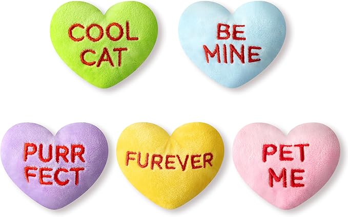 MALLMALL6 5Pcs Conversation Heart Candy Catnip Toys for Cat, Catmint Interactive Kitten Teething Chew Kick Toy for Indoor Cats, Soft Pet Sweetheart Gift Supplies