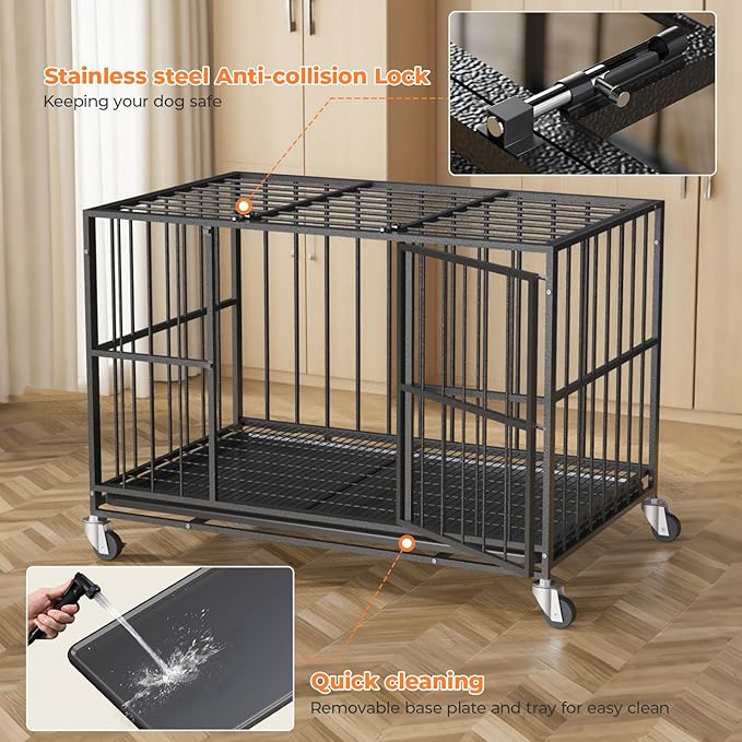 42 in Heavy Duty Dog Crate Steel Escape Proof, Indoor Double Doors and Lockable Wheels,Removable Tray, for Medium and Large Large Dog Breeds,XL