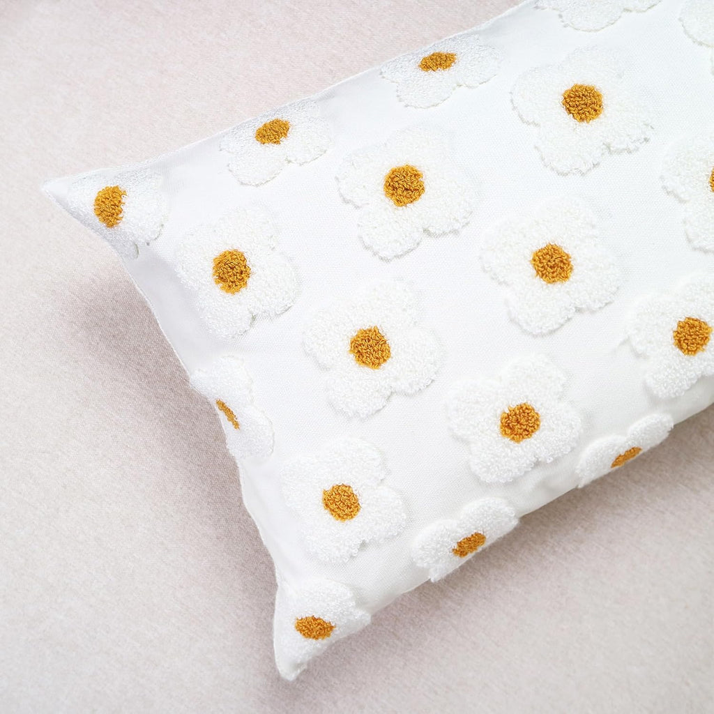 DECOBIRD Embroidery Throw Pillow Cover 12x20 Beige Floral Design Home Decor Loop Embroidered Pillow Case Thick Cotton Canvas Square Cushion Cover for Couch 30x50cm, 4 Petal Flowers 1 Piece