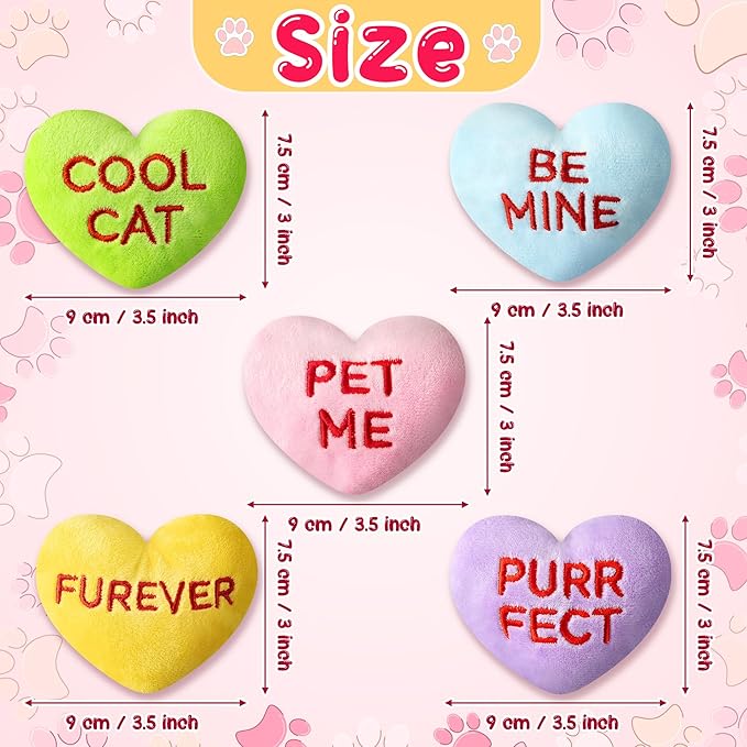 MALLMALL6 5Pcs Conversation Heart Candy Catnip Toys for Cat, Catmint Interactive Kitten Teething Chew Kick Toy for Indoor Cats, Soft Pet Sweetheart Gift Supplies