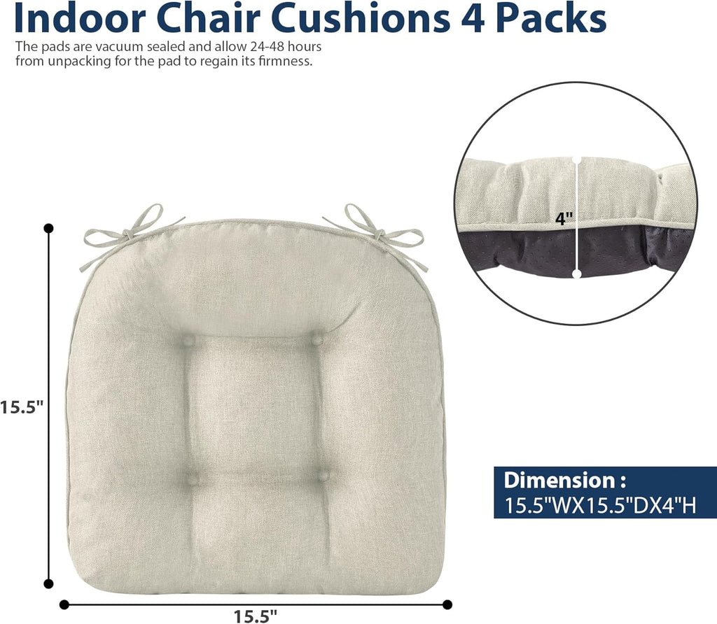 Chair Cushions for Dining Chairs, Seat Cushions for Kitchen Chairs, Indoor Seat Cushions with Ties, Tufted Foam Chair Pads, Non Slip Chair Cushions Set of 4, 15.5" x 15.5" x 4", Beige