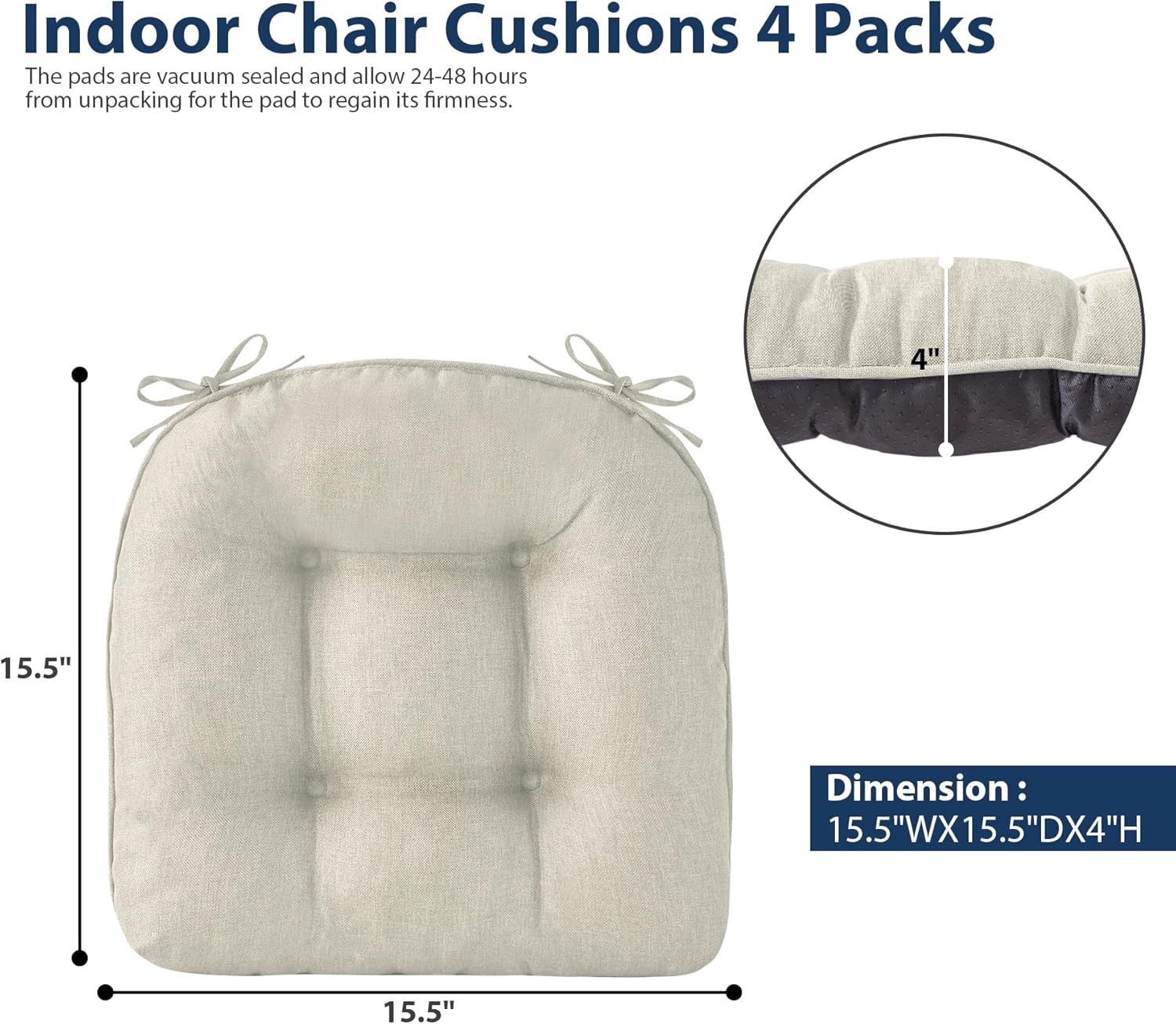 Chair Cushions for Dining Chairs, Seat Cushions for Kitchen Chairs, Indoor Seat Cushions with Ties, Tufted Foam Chair Pads, Non Slip Chair Cushions Set of 4, 15.5" x 15.5" x 4", Beige
