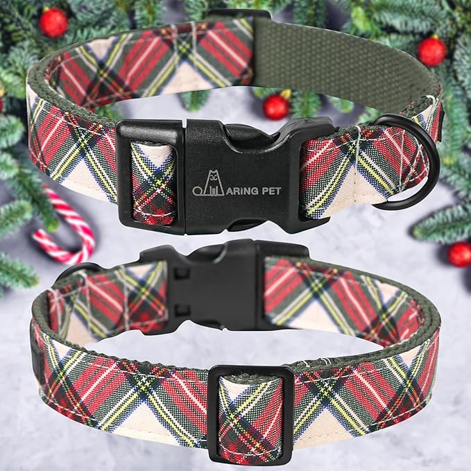 ARING PET Christmas Dog Collar, Cute Red Green Plaid Cotton Lightweight Pet Puppy Collars for Small Medium Large Dogs-XS