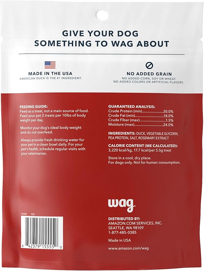 Amazon Brand - Wag Soft & Tender American Jerky Dog Treats – Duck Bites, 16 Ounce (Pack of 1)