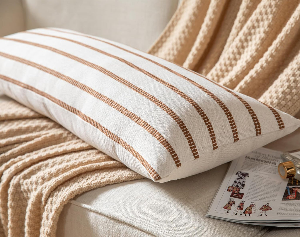 Caflife Boho Lumbar Throw Pillow Cover 14X36 Long Soft Farmhouse Decorative Couch Pillow Cases Brown Striped Body Pillow Covers Neutral Cushion Covers for Sofa Bed Living Room Home Decor Pack of 1