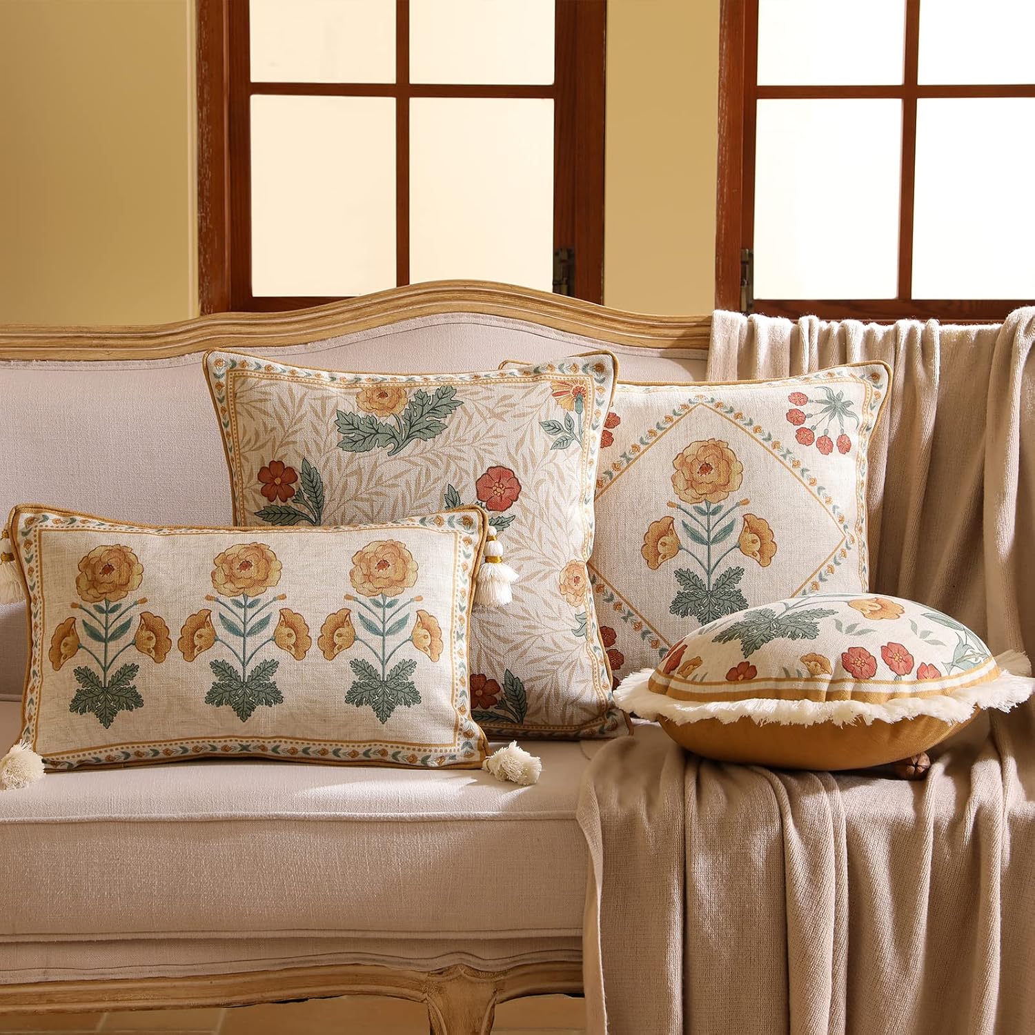 patdrea Designer Rectangle Throw Pillow Covers for Couch 12"x20",Vintage French Linen with Beige Daisy Floral Pattern and White Pendant,Farmhouse Decorative Lumbar Cushion for Bed,Living Room