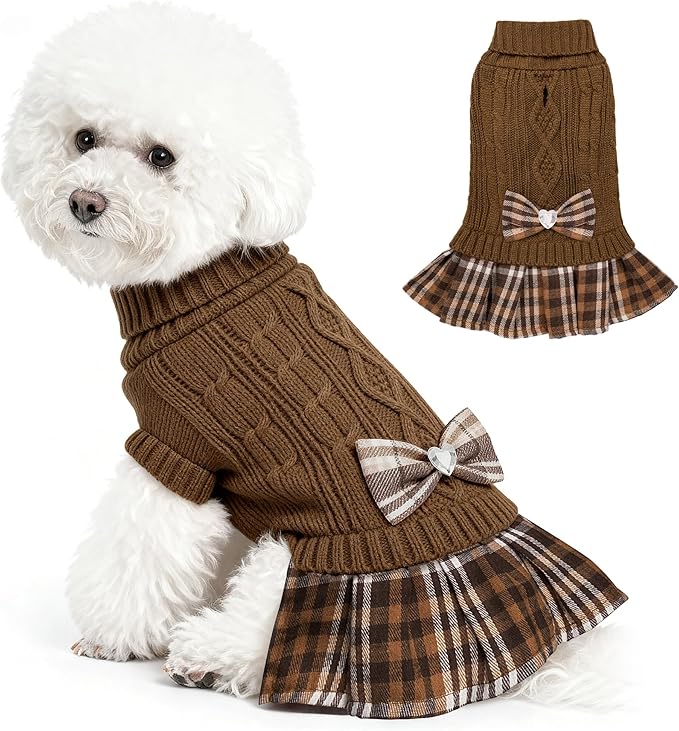 WOYYHO Girl Dog Sweater Dress with Bowtie Turtleneck Small Dogs Sweater with Leash Hole, Knitted Small Dog Sweaters Dress Puppy Winter Clothes for Yorkies Chihuahua (Large, Brown)