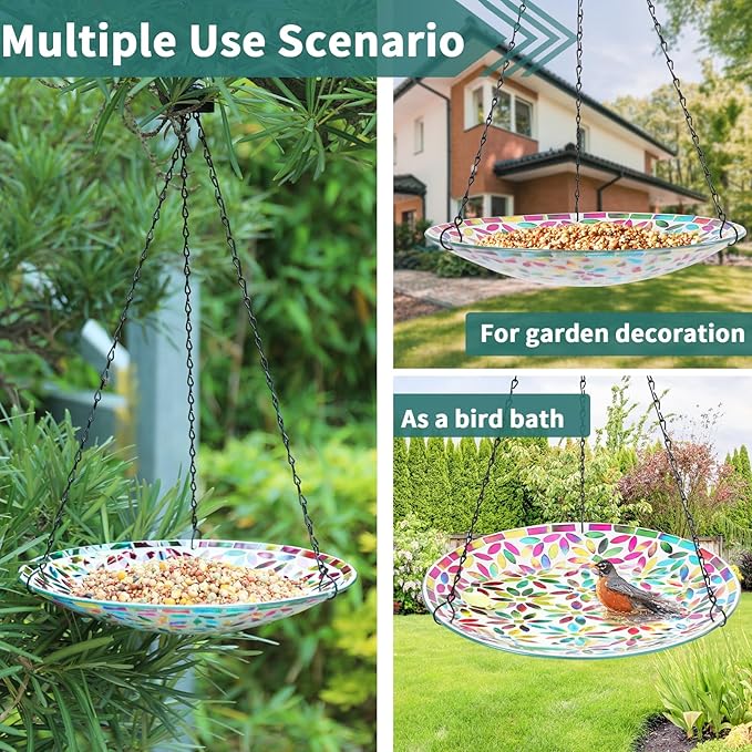 VCUTEKA Hanging Bird Bath, Glass Mosaic Bird Baths for Outdoors Birdfeeder with 21 inch Rust-Proof Chain for Garden Yard Decor