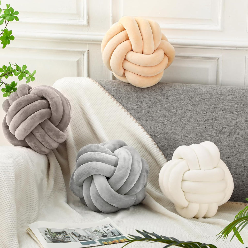 Yerliker 4 Pcs Knot Pillow Ball, 8.7 Inches Soft Home Decorative Round Throw Pillow Handmade Knotted Plush Accent Cushion Gifts for Nursery Decor Home Bed Sofa Bedroom Decoration