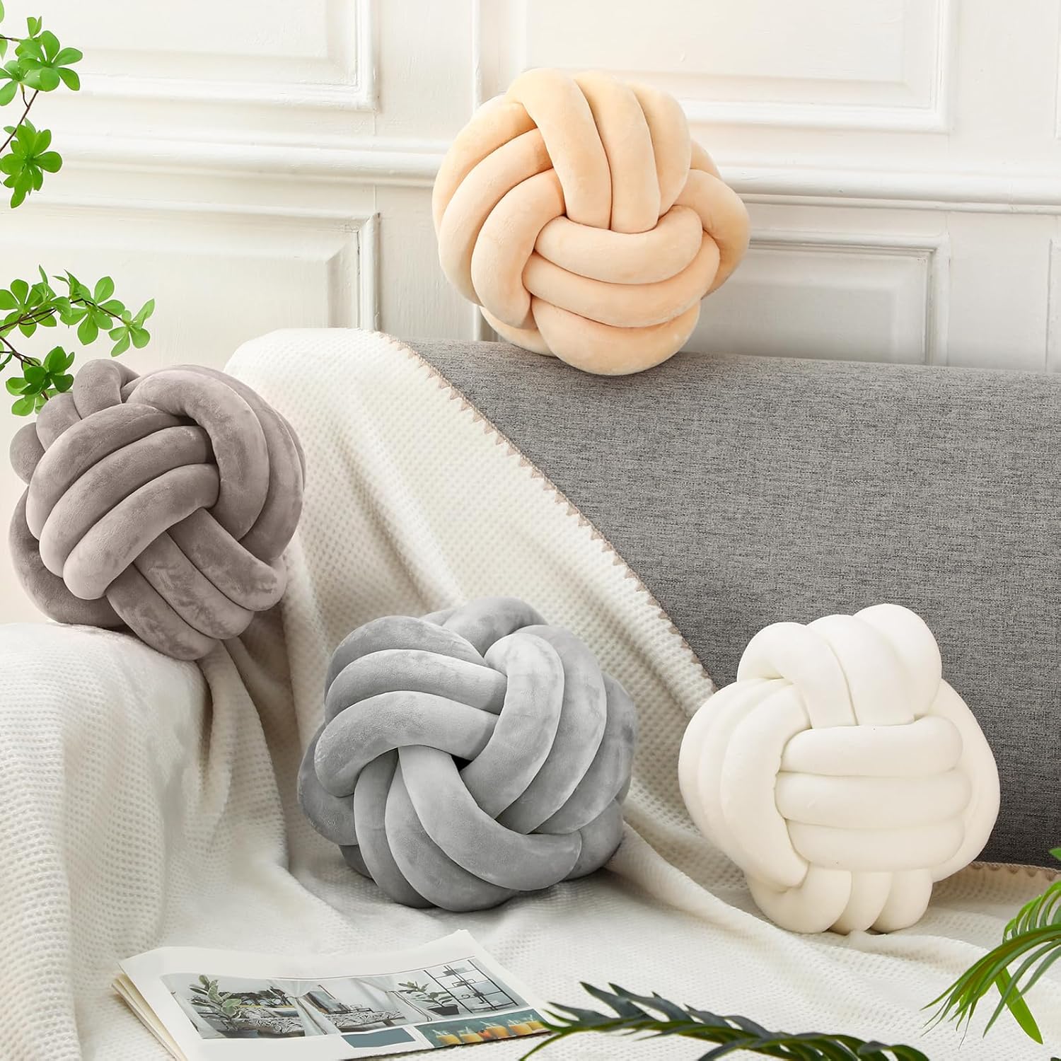 Yerliker 4 Pcs Knot Pillow Ball, 8.7 Inches Soft Home Decorative Round Throw Pillow Handmade Knotted Plush Accent Cushion Gifts for Nursery Decor Home Bed Sofa Bedroom Decoration
