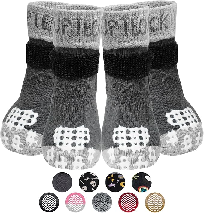 PUPTECK Anti Slip Dog Socks 2 Pairs with Double Grippers for Hardwood Floors, Shoes for Hot/Cold Pavement, Boots & Paws Protectors to Prevent Licking, Traction Booties for Senior Small Large Dogs