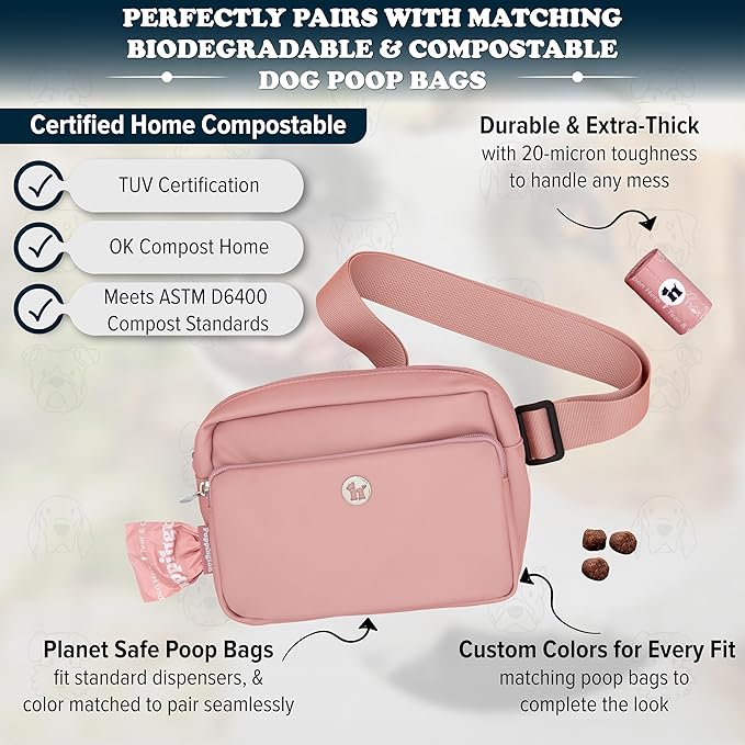 Puppington 3-in-1 Crossbody Dog Walking Bag & Treat Pouch with Matching Planet Safe Poop Bags & Built-In Dispenser - Zippered Pockets (Blush Pink)