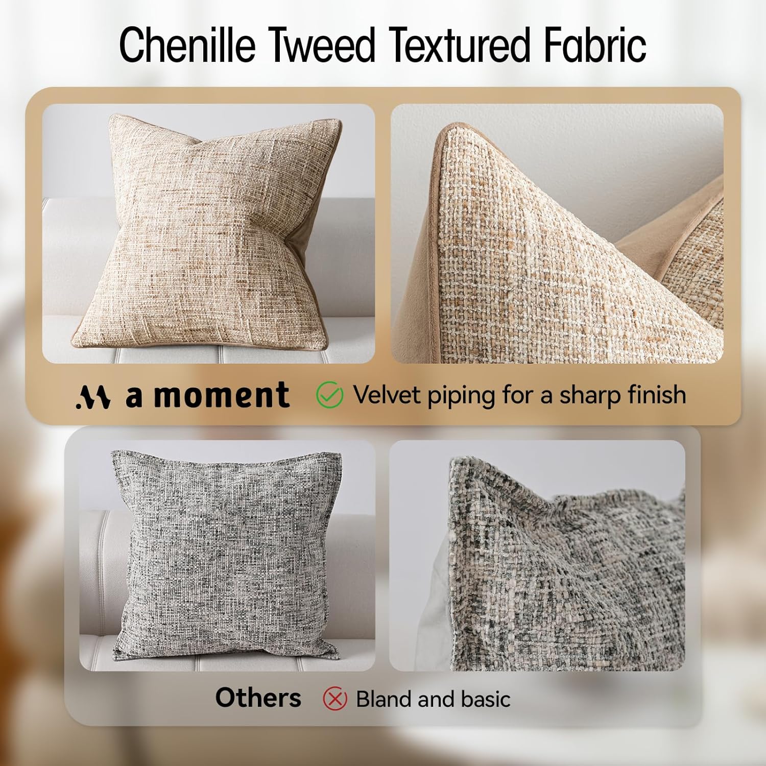 a moment Khaki Reversible Pillow Covers 2 Pack - Farmhouse Chenille Throw Pillows, Neutral Textured Decorative Throw Pillow Covers with Border for Couch Sofa Bed (12x20 Inch, No Insert)