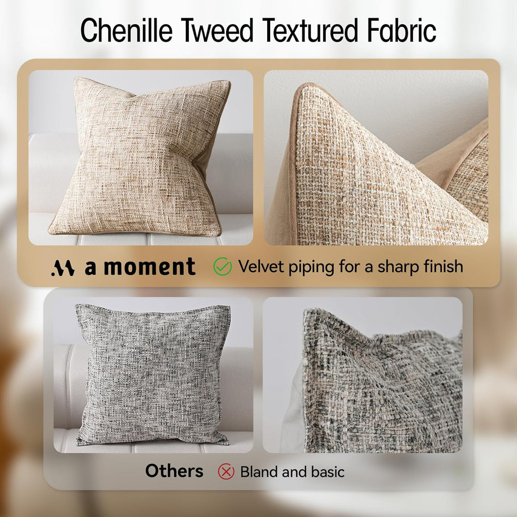 a moment Khaki Reversible Pillow Covers 2 Pack - Farmhouse Chenille Throw Pillows, Neutral Textured Decorative Throw Pillow Covers with Border for Couch Sofa Bed (20x20 Inch, No Insert)