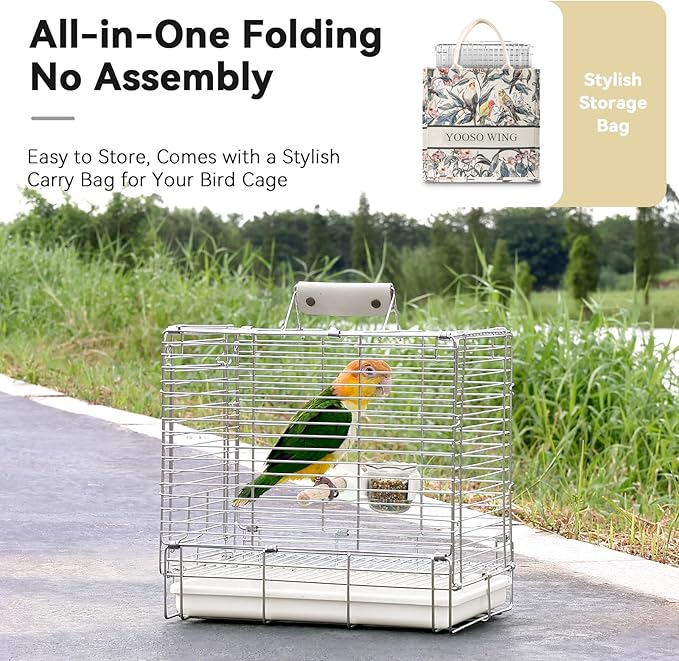 Bird Carrier Travel Cage - 304 Stainless Steel Portable Folding Bird Travel Cage with Parrot Feeder Cups & Standing Perch for Smaller Birds Conures Lovebird Cockatiel Parakeets (White)