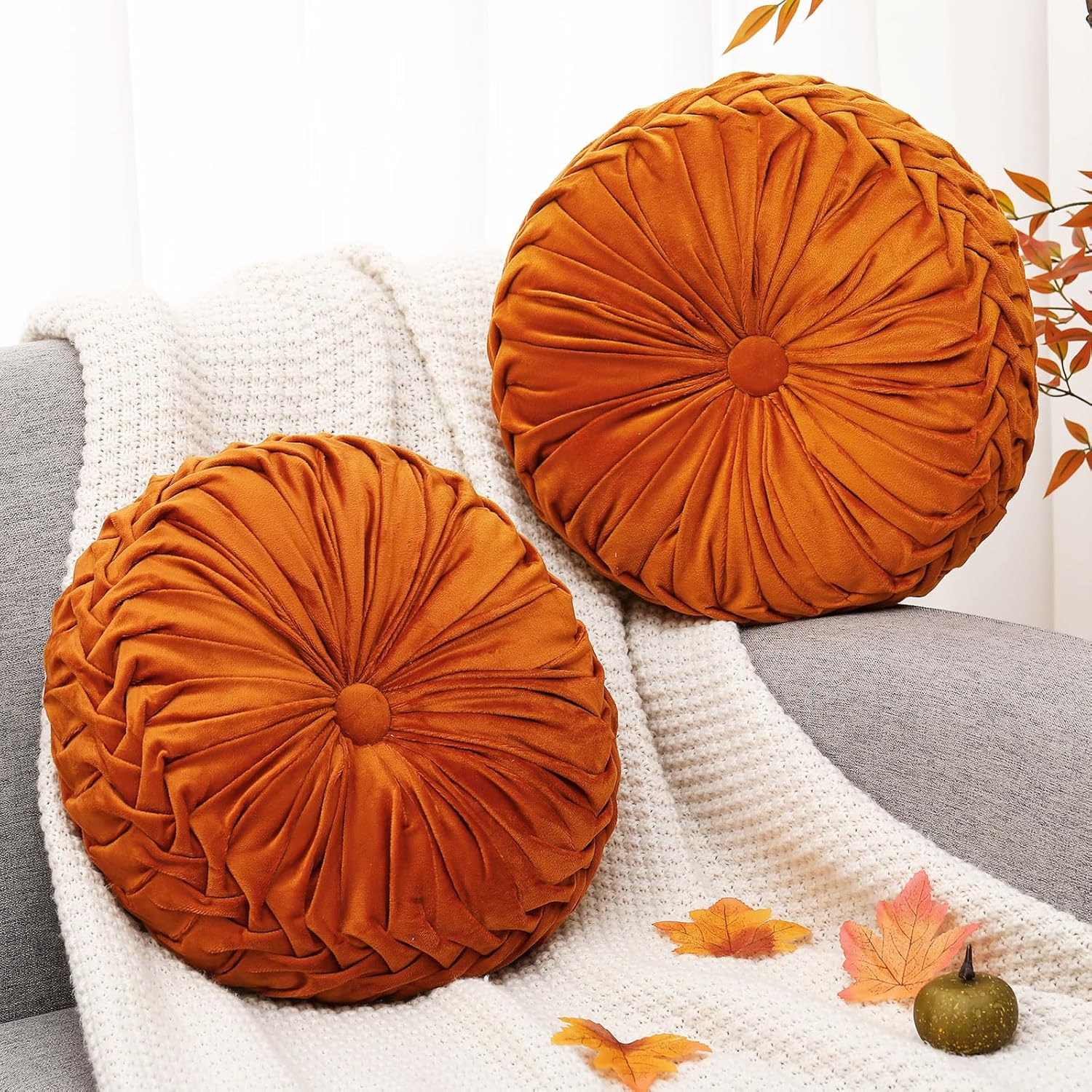 2 Pcs Round Throw Pillows 15 Inch Decorative Velvet Pleated Pumpkin Floor Boho Pillows for Living Room Couch Chair Bed Sofa (Orange)
