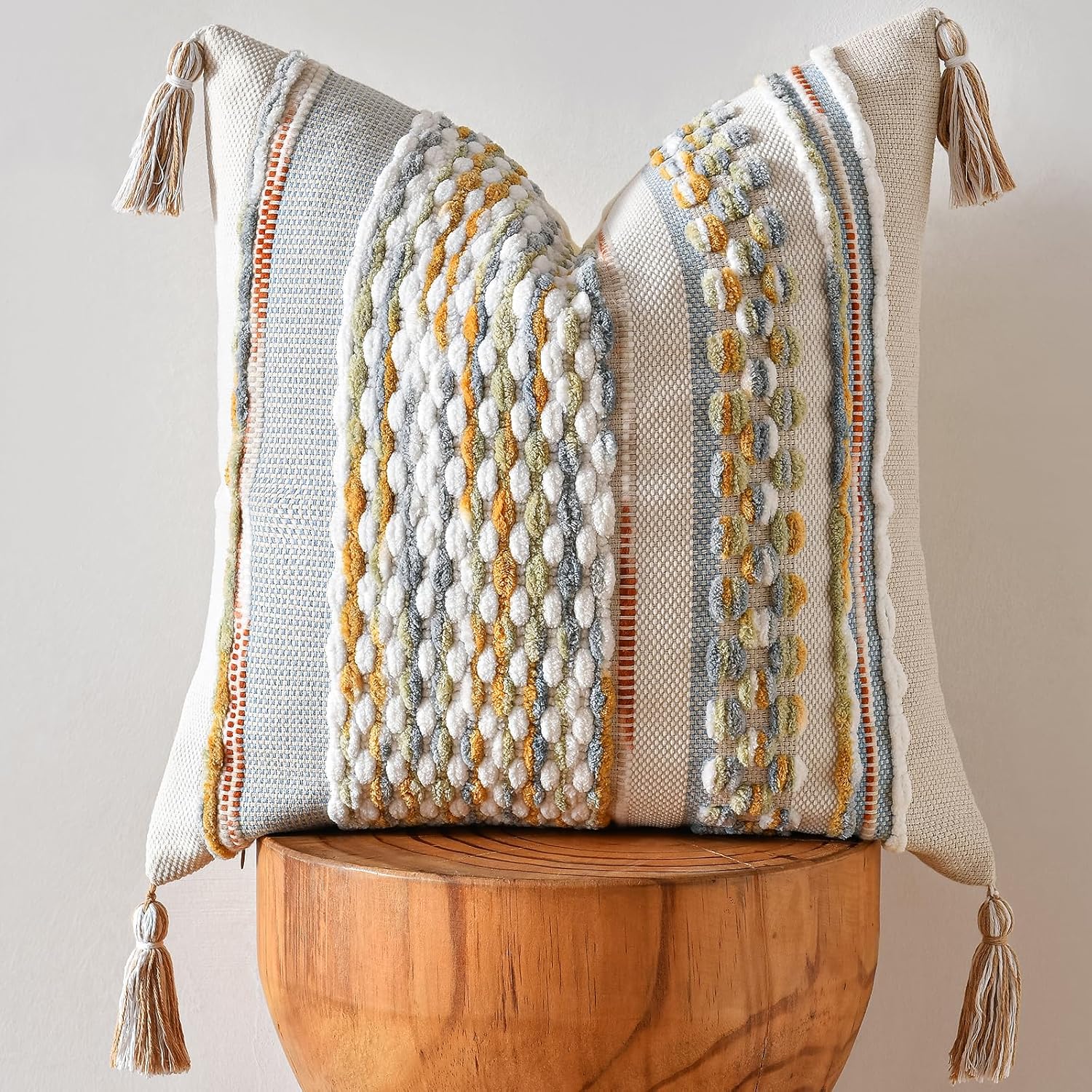 AmHoo Chenille Striped Textured Boho Throw Pillow Covers Aesthetic with Tassels Woven Decorative Pillow Case for Couch Bed Sofa Bedroom Modern Funky 18 x 18-Inch Grey