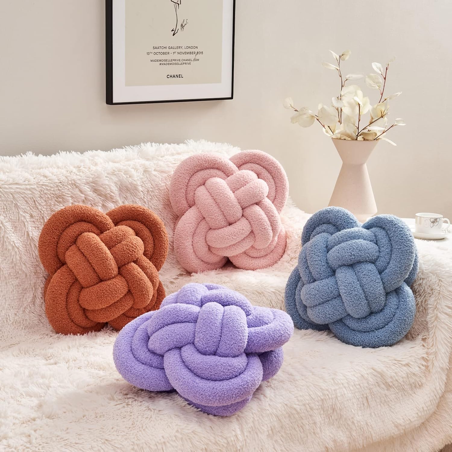 Xiashrk Knot Pillow Ball, 12" Soft Decorative Throw Pillows for Couch Bed, Blue Knotted Plush Throw Pillow Handmade Square Cushion Home Couch Decor Pillows for Living Room